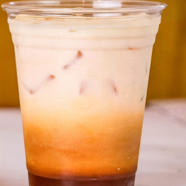 Close-up of a Thai iced tea with layers of dark tea, orange tea, and creamy white milk.