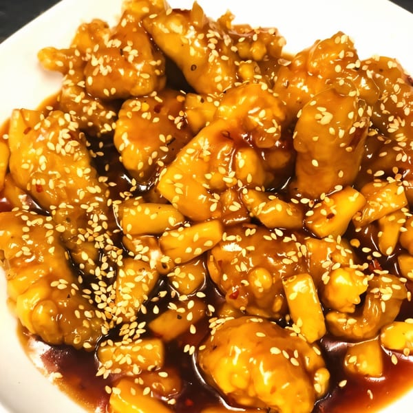 Close-up of Thai Village's sesame chicken, glistening with sauce and sprinkled with sesame seeds.