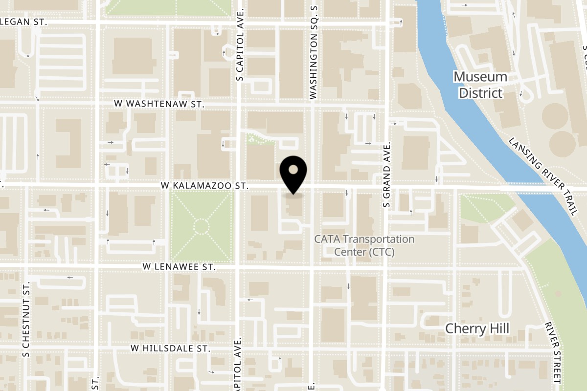 Map showing the location of Thai Village on 400 S Washington Square in Lansing